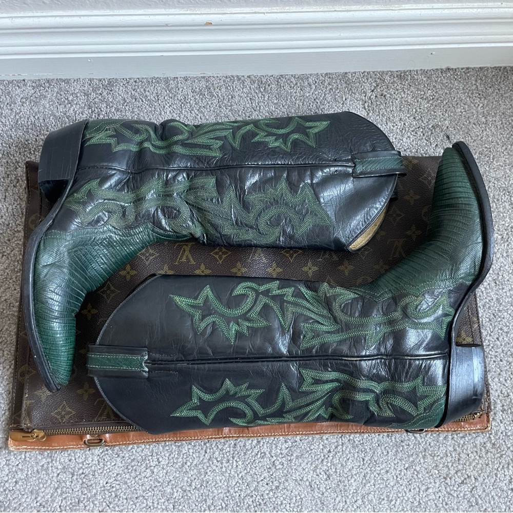 Larry Mahan Green and Black Emerald Green Teju Lizard Cowboy Boots